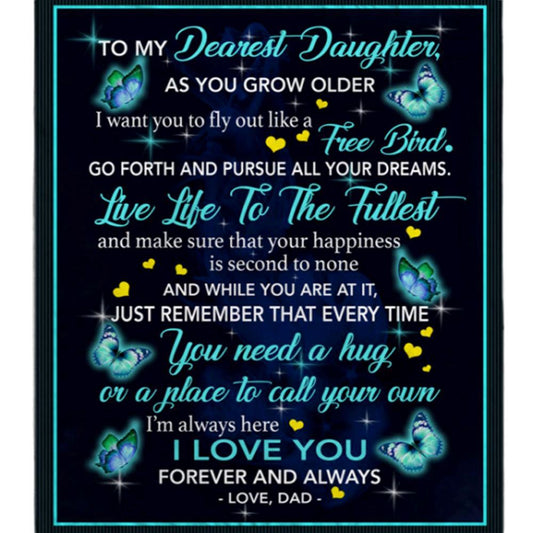 Personalized To My Dearest Daughter I Love You Blankets Gift From Dad Butterfly Black Fleece Blanket, Mother's Day Blanket