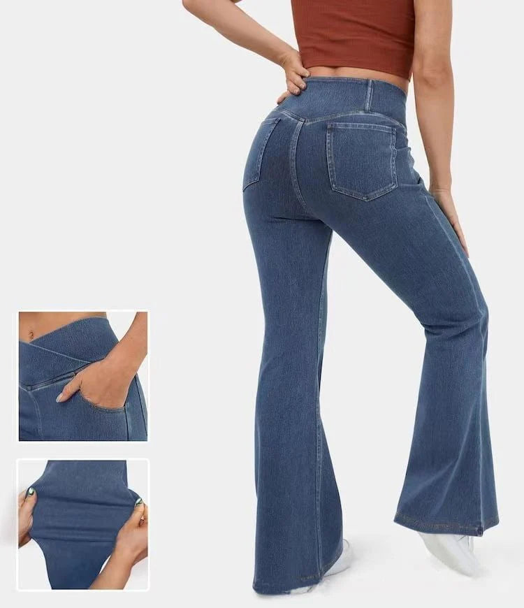 Stretchy Denim High Waisted Crossover Flare Pants