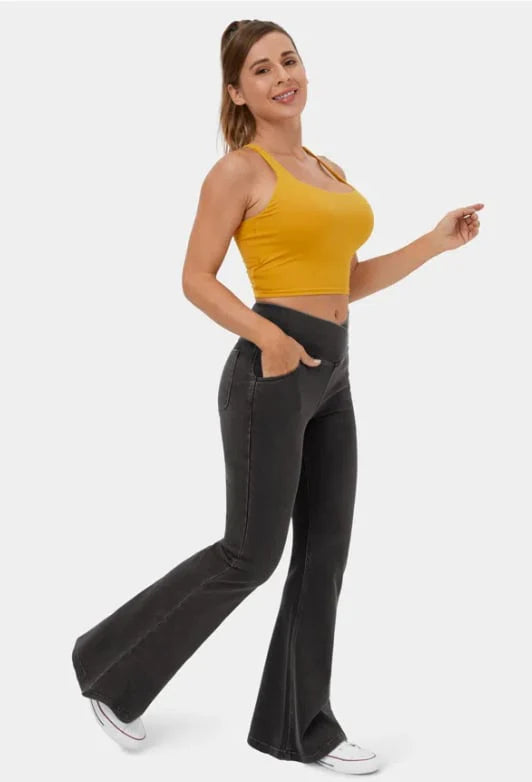 Stretchy Denim High Waisted Crossover Flare Pants