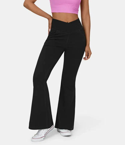 Stretchy Denim High Waisted Crossover Flare Pants