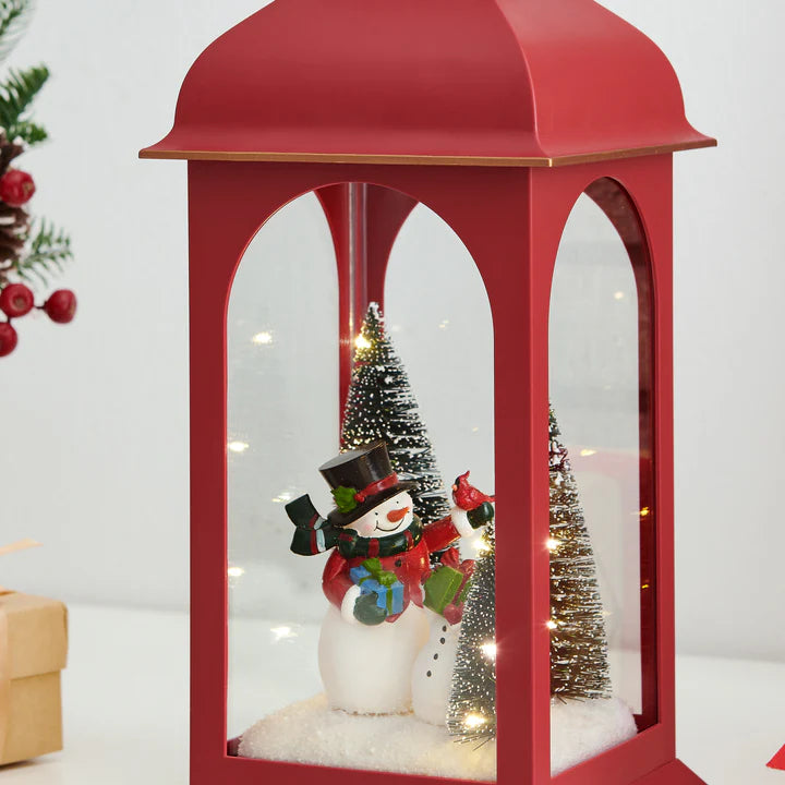 Tabletop Red Christmas Snowman Winter Scene Diorama Lighted Lantern Decoration - Small